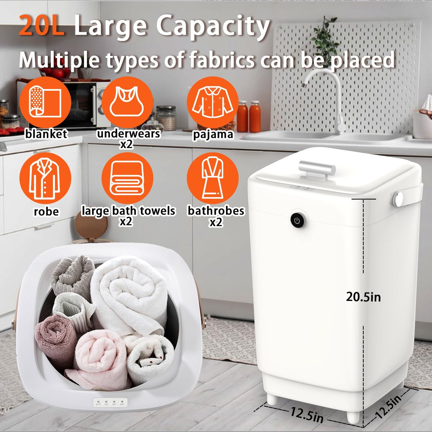 Large Towel Warmer 20L Towel Warmers for Bathroom with WiFi 20/40/60 Appointment, Portable Handle Towel Warmers Bucket Fits Up to Two 60"X80" Oversized Towels, Bathrobes, Blankets, White